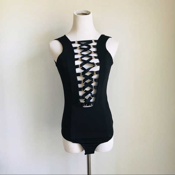 Bodysuit in Black with Gold Metal Tie Up Front. - Picture 4 of 7